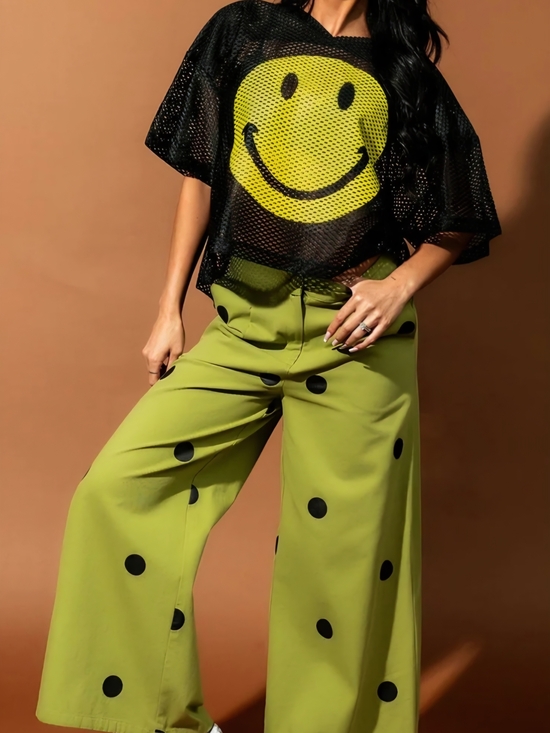 Dressed in LALA Pants - Dressed in LALA Lime Green Wide-Leg Polka Dot Pants